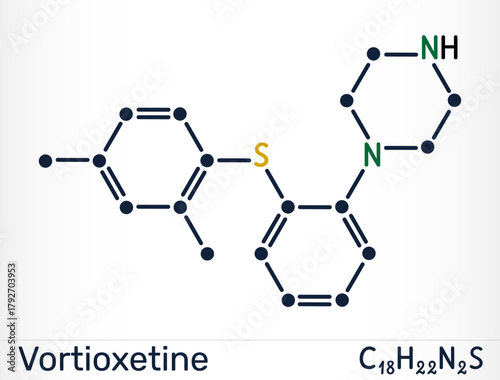 Vortioxetine molecule. Antidepressant drug for treatment of major depressive disorder (MDD). Chemical structure. Vector illustration
