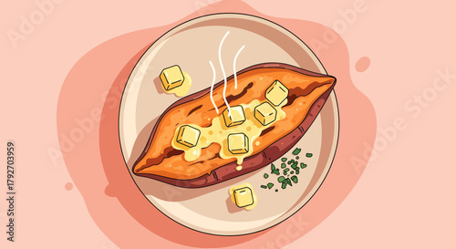 Delicious Baked Sweet Potato Garnished With Butter On Plate