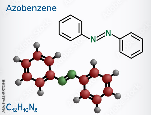 Azobenzene molecule, photoswitchable chemical compound. Structural chemical formula, molecule model. Vector illustration
