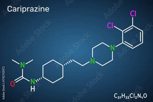 Cariprazine molecule. Atypical antipsychotic medication used to treat schizophrenia and bipolar disorder. Chemical structure. Dark blue background. Vector illustration