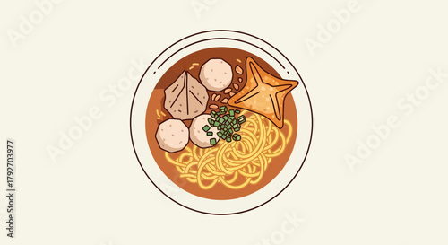 Delicious Bowl Of Bakso Noodles In Flat Illustration Style