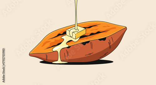 Delicious Baked Sweet Potato With Melting Butter Illustration