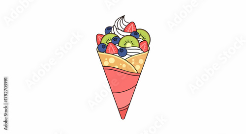 Delicious Crepe With Fresh Fruits And Creamy Whipped Topping