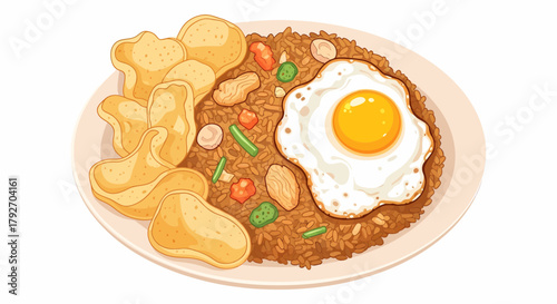 Delicious Nasi Goreng Indonesian Fried Rice With Egg And Crackers