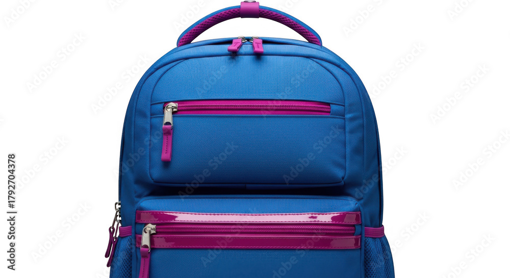 Fototapeta premium Blue backpack with pink accents, isolated on transparent background