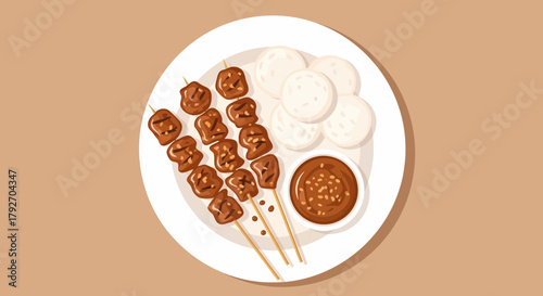 Delicious Satay Skewers Served With Rice Cakes And Peanut Sauce