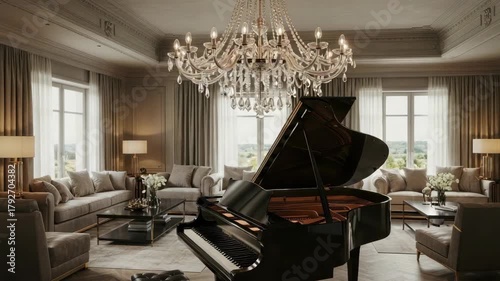 Elegant interior scene featuring grand piano and crystal chandelier