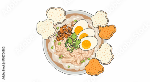 Exquisite Indonesian Chicken Congee With Egg And Crispy Crackers Illustration