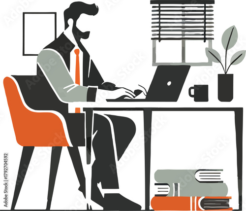 Man working on laptop at desk with books and plant