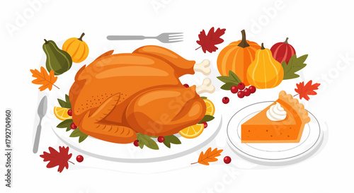 Festive Thanksgiving Dinner With Roasted Turkey And Pumpkin Pie