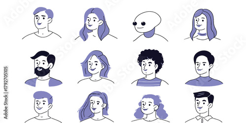 Diverse People Portraits Hand-Drawn Vector Icon Set