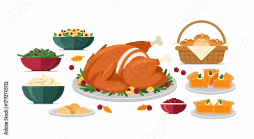 Festive Thanksgiving Feast With Traditional Dishes Flat Vector Illustration