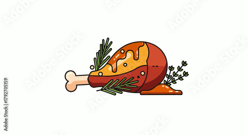 Grilled Drumstick Illustration With Herbs And Sauce In Modern Style