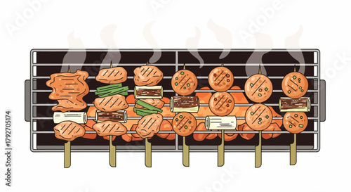 Grilled Yakitori Skewers With Assorted Toppings On A Barbecue Grill
