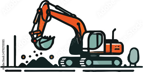 Orange excavator digging dirt with black outlines construction