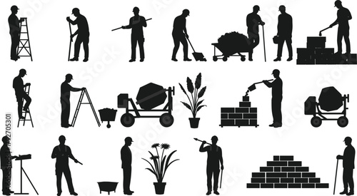 Construction workers, silhouette illustration, labor tasks, black vector, building tools, teamwork scene, site activity, occupational design, minimal style, industry art