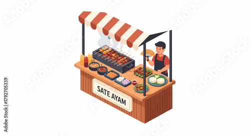 Isometric Sate Ayam Vendor, Delicious Indonesian Street Food Stall