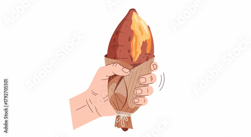 Person Holding Roasted Sweet Potato In Paper Wrap Illustration