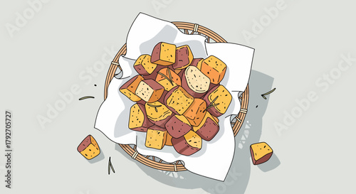 Roasted Sweet Potato Cubes In Woven Basket Healthy Autumn Meal