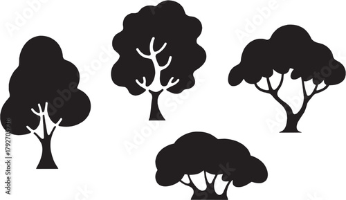 Tree silhouette icons collection with natural shapes and forest symbols.