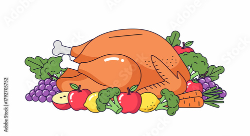 Roasted Turkey With Assorted Fruits And Vegetables Cartoon Illustration