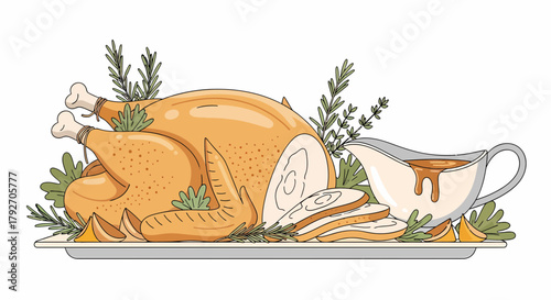 Roasted Turkey With Gravy and Herbs For Holiday Celebration
