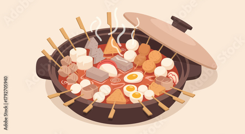 Steaming Hotpot Full With Asian Street Foods Cartoon Illustration