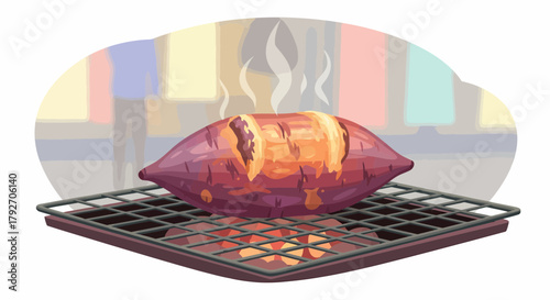 Sweet Potato On The Grill With Smoke Illustration Cooking Healthy Dish
