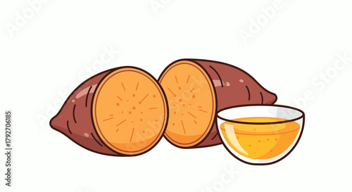 Sweet Potatoes And Syrup Bowl On A White Background