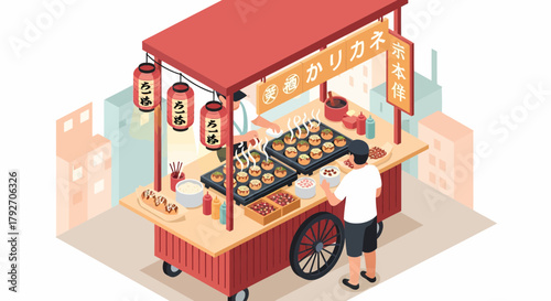 Traditional Takoyaki Street Food Stall Vendor Preparing Japanese Dish