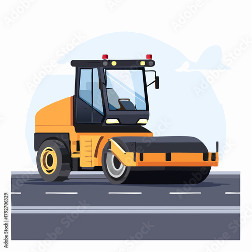 A vibrant yellow road roller compacting fresh asphalt on a new highway, a modern heavy machinery vehicle for construction and paving
