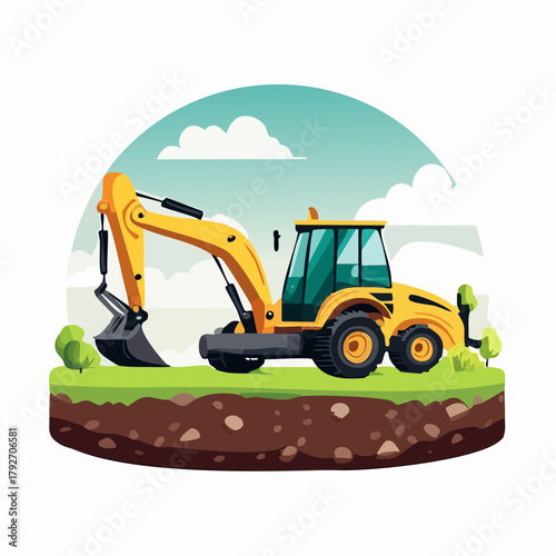 Yellow excavator on a construction site with green grass and a blue sky in the background