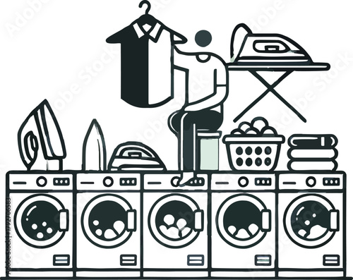 Person ironing shirt next to washing machines and laundry basket