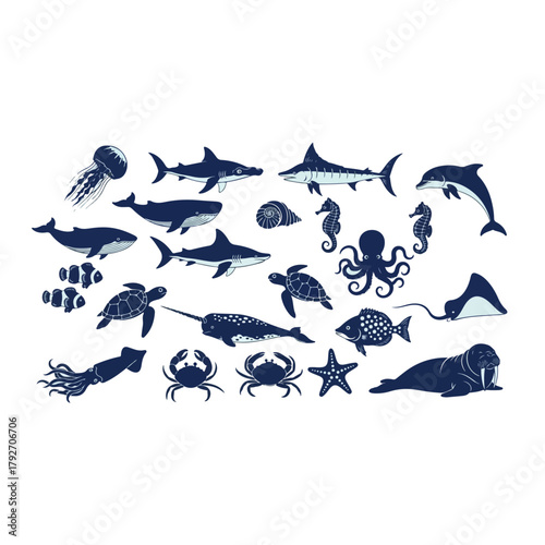 Collection of Marine Sea Life Illustrations Including Whales Dolphins Sharks Octopuses Turtles and Fish on White