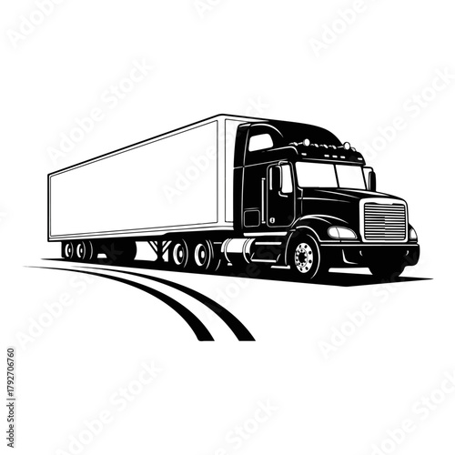 Detailed Black and White Vector Illustration of a Modern Semi-Truck with Trailer on a Winding Road