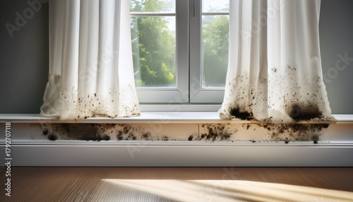 dark mold is present along the baseboard near a bright window covered with sheer curtains revealing signs of moisture in the room