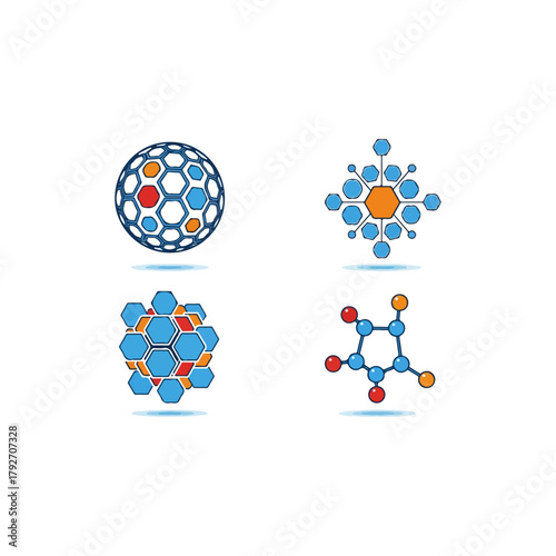 Set of Molecular Structures and Abstract Geometric Designs Icons representing Science Technology and Nanotechnology Concepts on White Background
