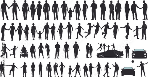 Human silhouette collection, diverse poses, family interaction, children play, wheelchair, walking, dancing, black vector, lifestyle, activity, graphic design