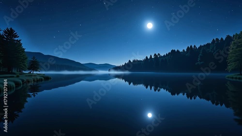 Moonlit lake with calm reflective water and silhouetted forested hills under clear night sky, peaceful serenity concept