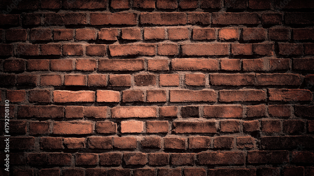 Obraz premium patina. Close-up of weathered red brick wall, warm tones and natural texture evoking rustic charm and history. real-estate listings.
