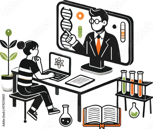 Student learning science online from teacher on screen with lab equipment