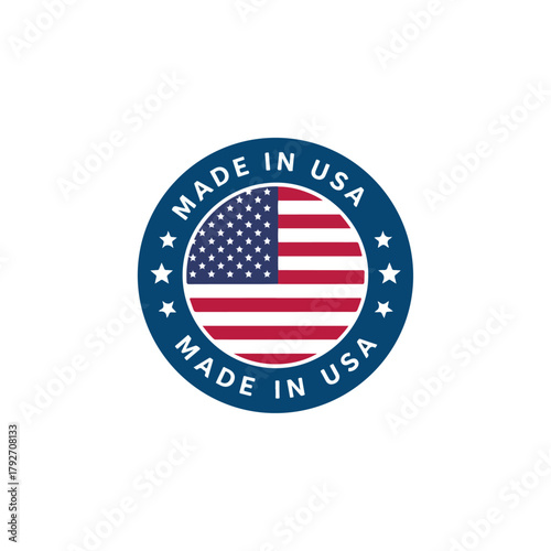 Made in USA Circular Badge with American Flag Elements and Stars, Emblematic Seal of Quality and Origin