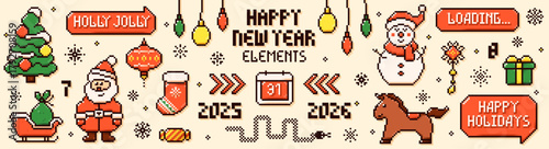Pixel art New Year color set of elements. Decorated tree, a horse, a snowman and Santa Claus.