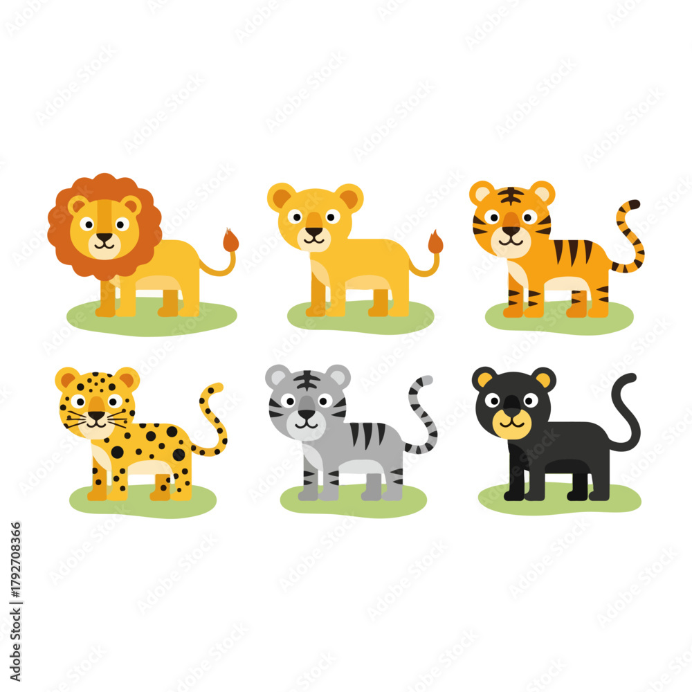 Fototapeta premium Set of Six Adorable Cartoon Big Cats Including Lion Tiger Leopard Panther Cub and Cheetah on Green Grass