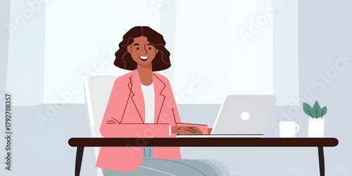 Illustration of a happy woman working at her desk with a laptop