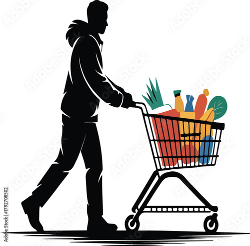 Silhouette of Man Pushing Shopping Cart Full of Groceries Illustration