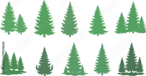 Green pine tree silhouettes, conifer forest vector, nature clipart, evergreen trees, graphic elements, landscape icons, minimal design
