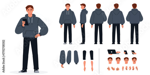 Character Design Young Man in Hoodie with Smartphone - Vector Illustration