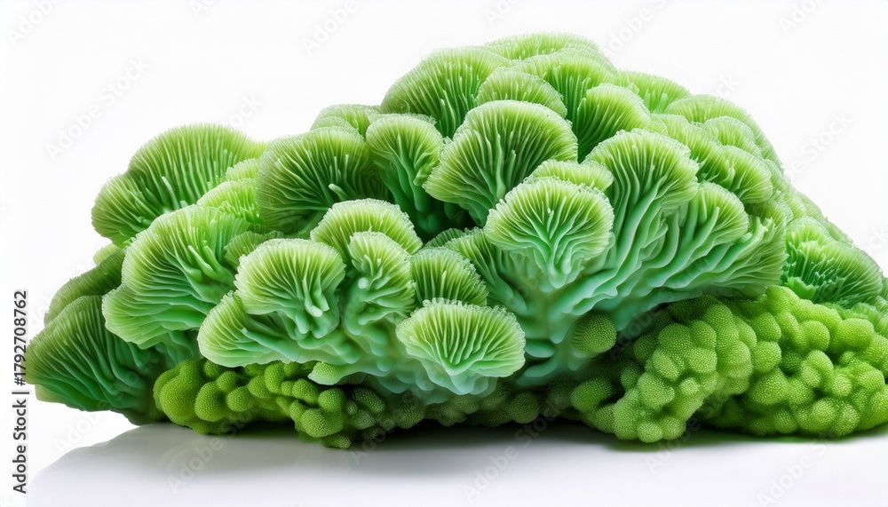 Obraz premium detailed view of vibrant green coral formations against a white isolate background showcasing intricate structures and textures