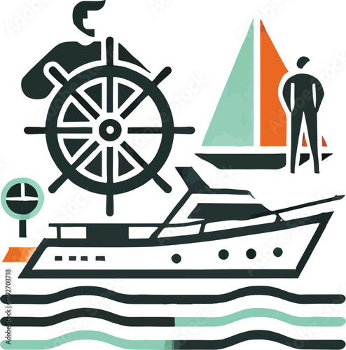 Stylized yacht and sailboat with captain at helm ship